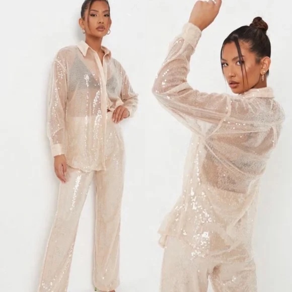 Missguided Champagne Co Ord Sequin Straight Leg Pants US 4 - Picture 1 of 10